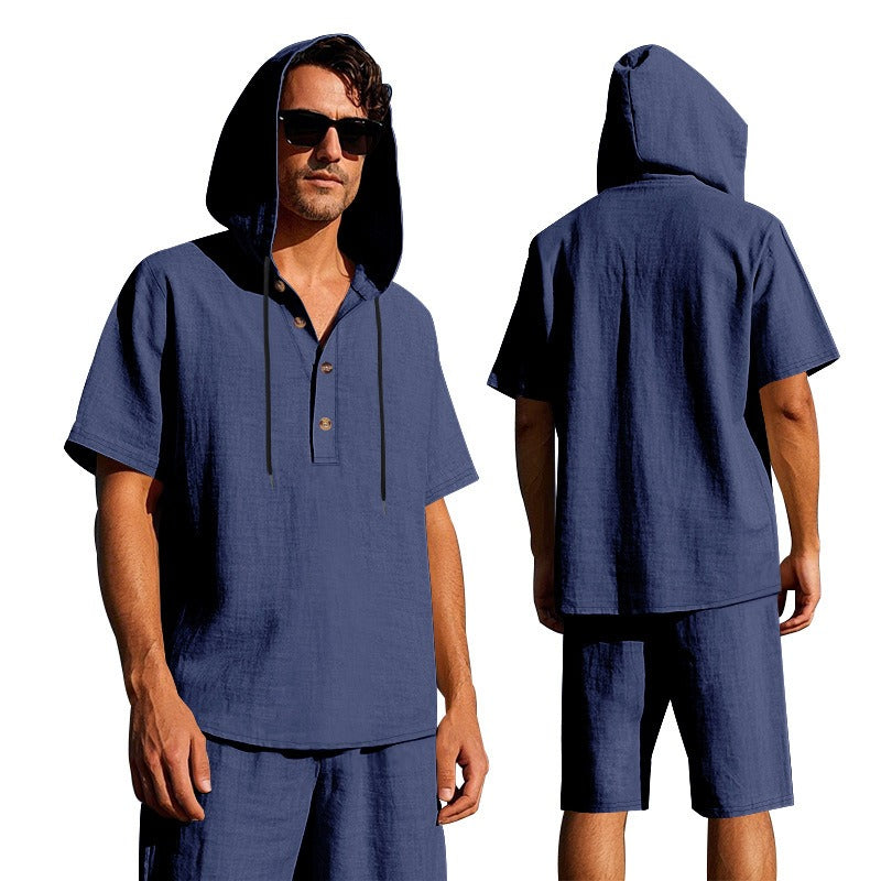 Men’s Summer Linen Hooded Shirt & Shorts Set Lightweight Casual Beachwear Set | CW15