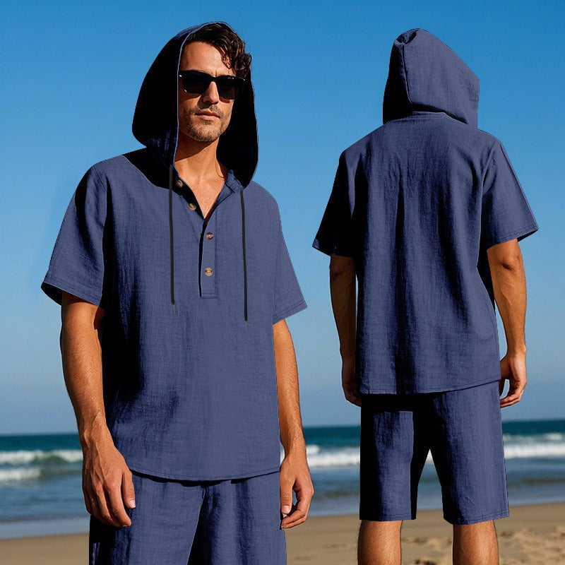 Men’s Summer Linen Hooded Shirt & Shorts Set Lightweight Casual Beachwear Set | CW15