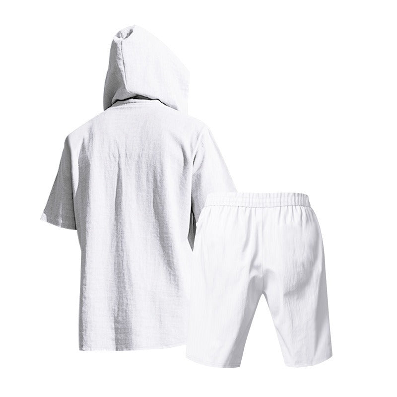 Men’s Summer Linen Hooded Shirt & Shorts Set Lightweight Casual Beachwear Set | CW15