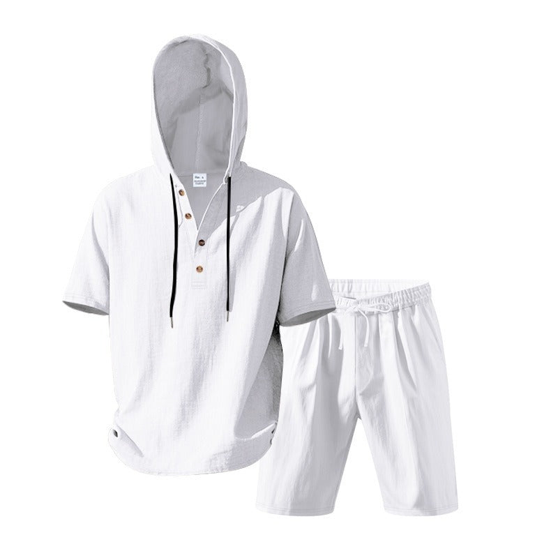 Men’s Summer Linen Hooded Shirt & Shorts Set Lightweight Casual Beachwear Set | CW15