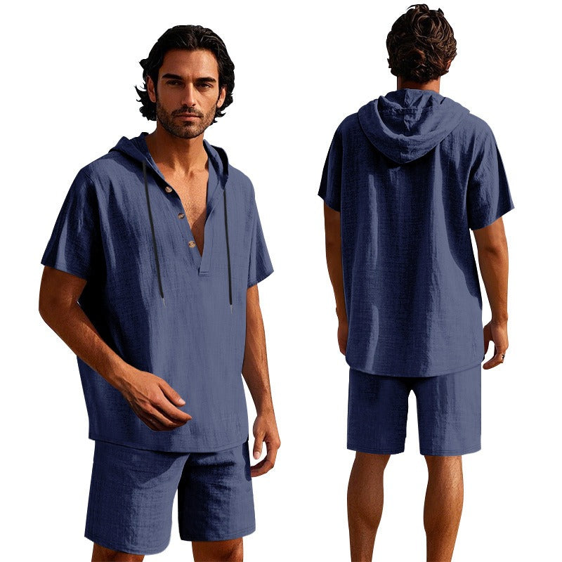 Men’s Summer Linen Hooded Shirt & Shorts Set Lightweight Casual Beachwear Set | CW15