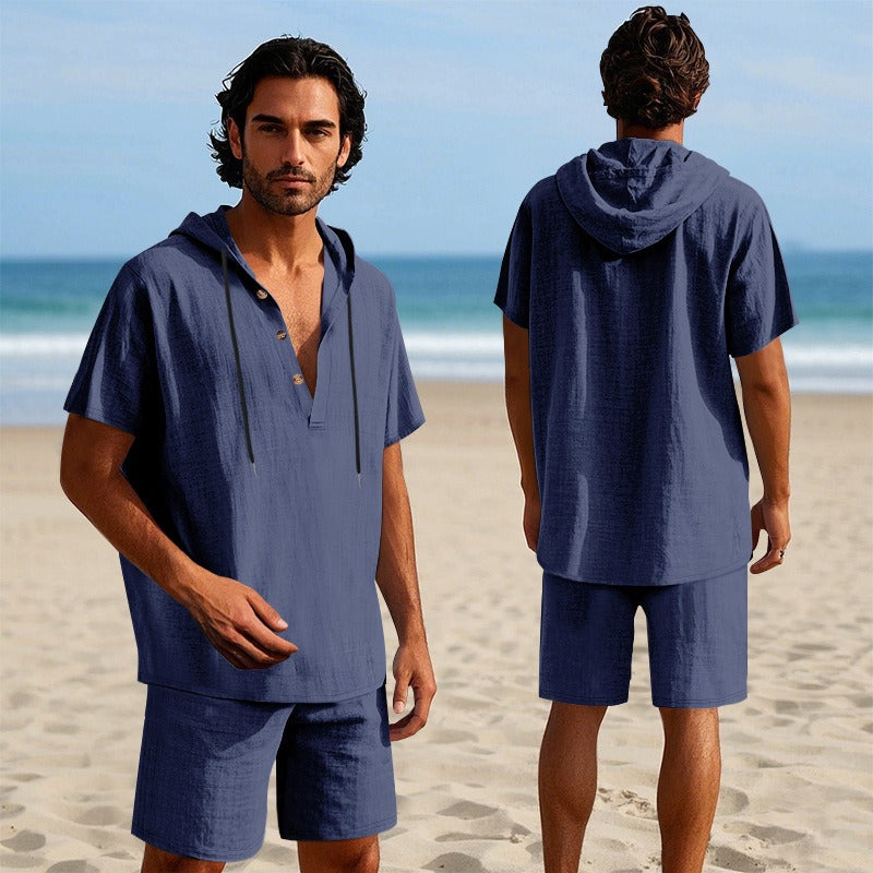 Men’s Summer Linen Hooded Shirt & Shorts Set Lightweight Casual Beachwear Set | CW15