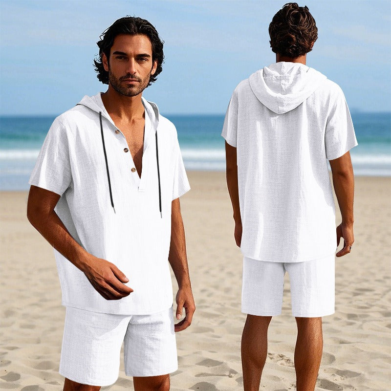 Men’s Summer Linen Hooded Shirt & Shorts Set Lightweight Casual Beachwear Set | CW15