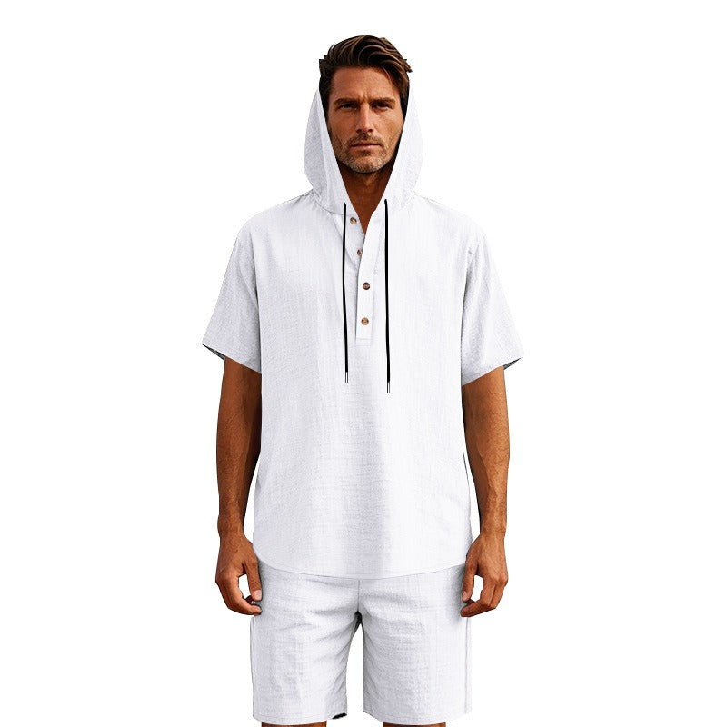 Men’s Summer Linen Hooded Shirt & Shorts Set Lightweight Casual Beachwear Set | CW15