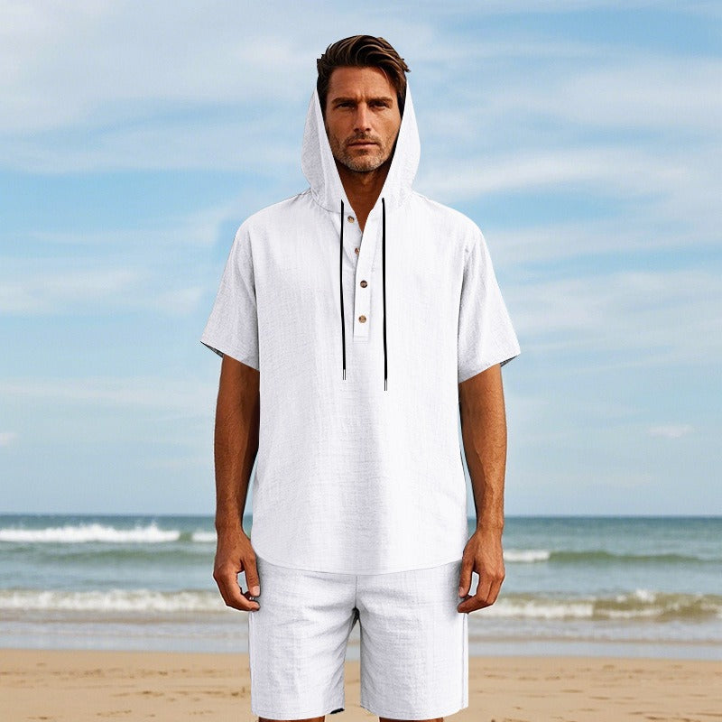 Men’s Summer Linen Hooded Shirt & Shorts Set Lightweight Casual Beachwear Set | CW15