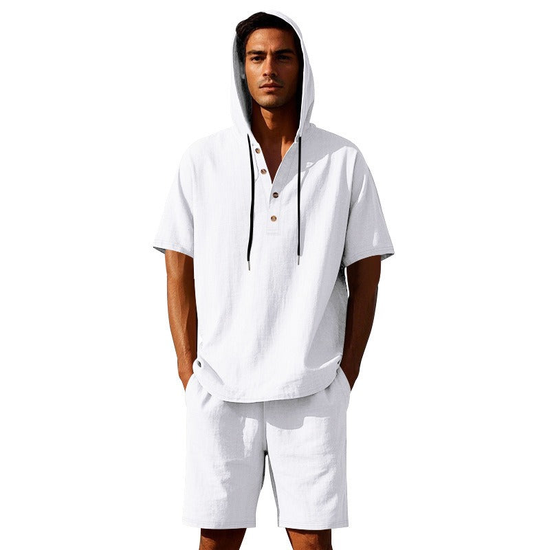 Men’s Summer Linen Hooded Shirt & Shorts Set Lightweight Casual Beachwear Set | CW15