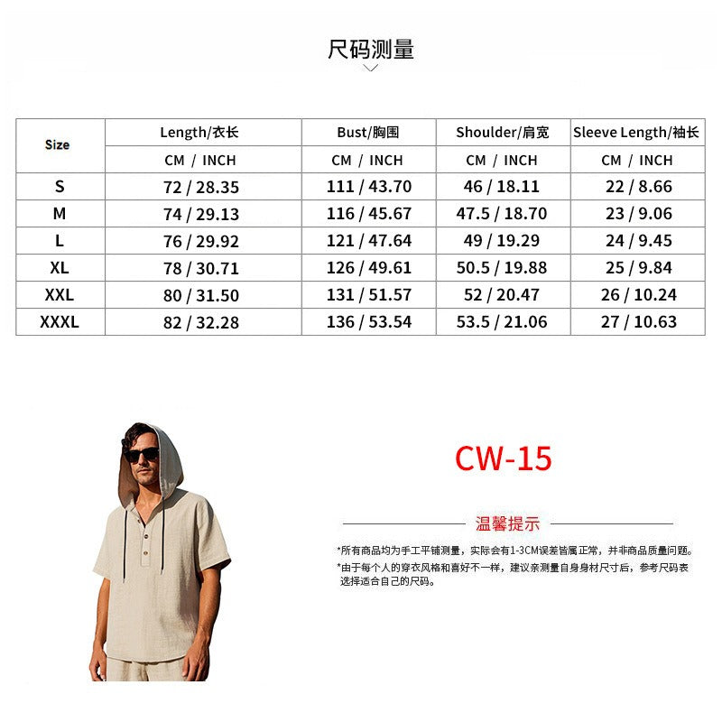 Men’s Summer Linen Hooded Shirt & Shorts Set Lightweight Casual Beachwear Set | CW15