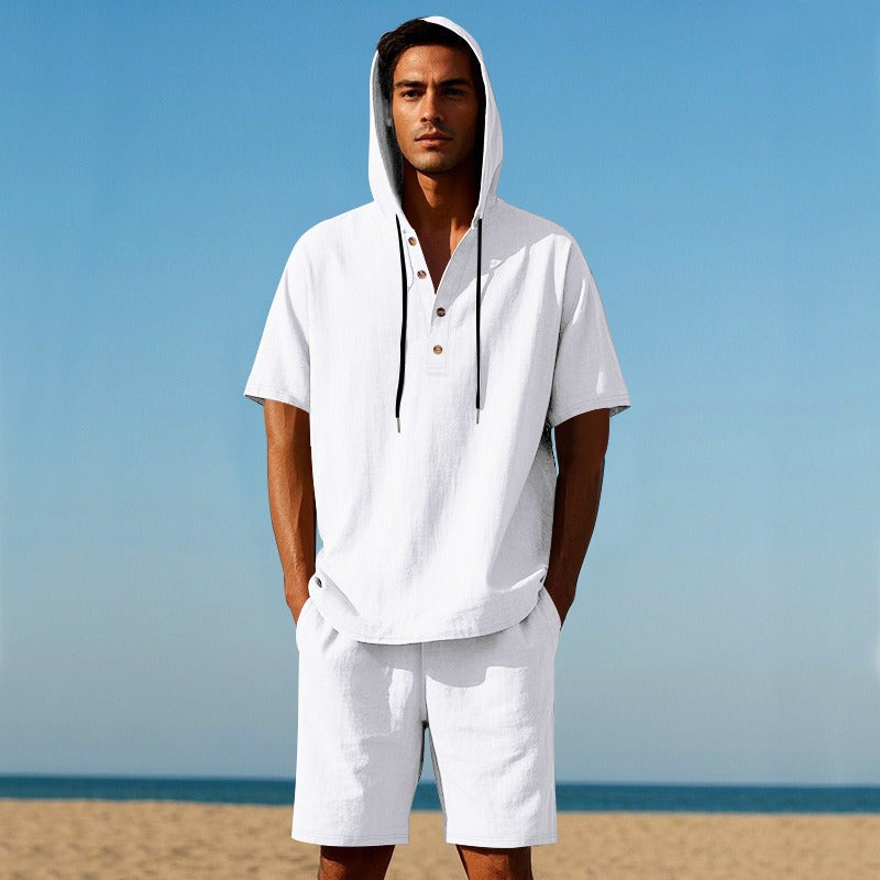 Men’s Summer Linen Hooded Shirt & Shorts Set Lightweight Casual Beachwear Set | CW15