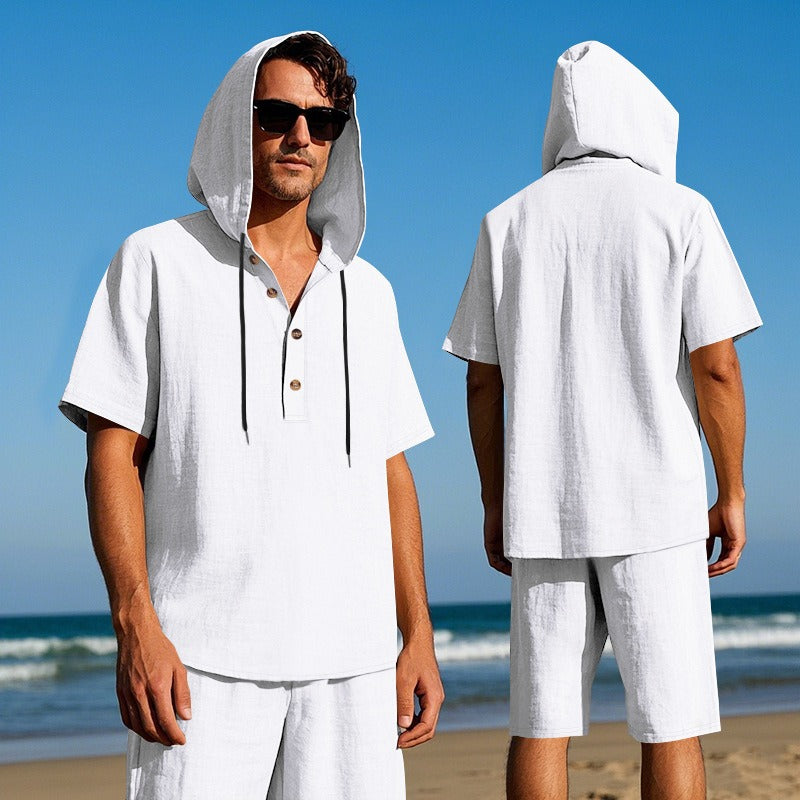 Men’s Summer Linen Hooded Shirt & Shorts Set Lightweight Casual Beachwear Set | CW15