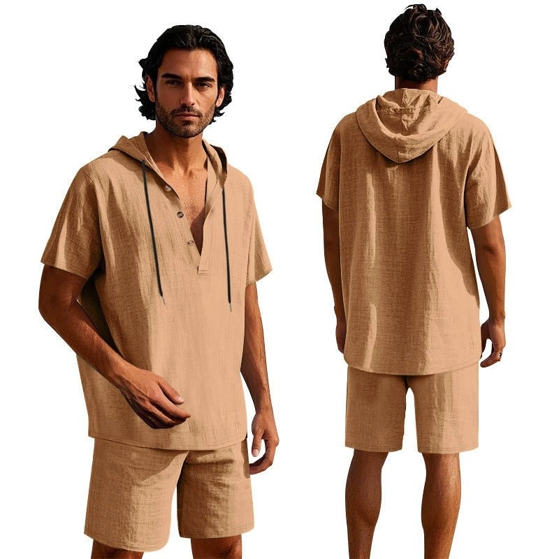 Men’s Summer Linen Hooded Shirt & Shorts Set Lightweight Casual Beachwear Set | CW15