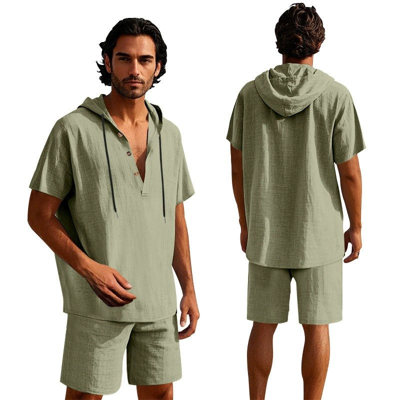 Men’s Summer Linen Hooded Shirt & Shorts Set Lightweight Casual Beachwear Set | CW15