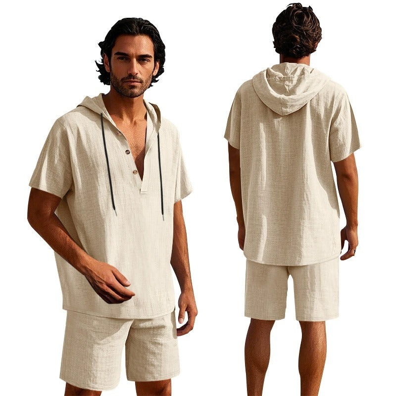 Men’s Summer Linen Hooded Shirt & Shorts Set Lightweight Casual Beachwear Set | CW15