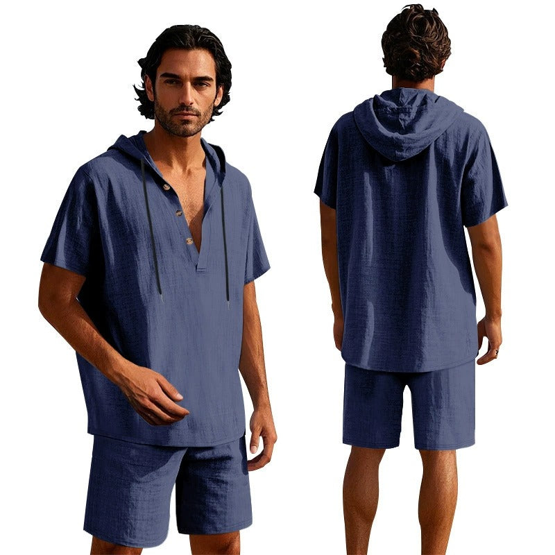 Men’s Summer Linen Hooded Shirt & Shorts Set Lightweight Casual Beachwear Set | CW15