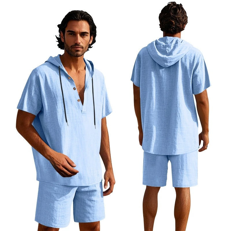 Men’s Summer Linen Hooded Shirt & Shorts Set Lightweight Casual Beachwear Set | CW15
