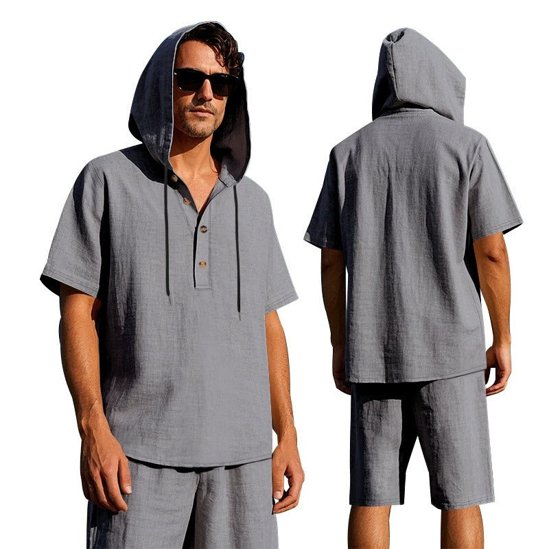 Men’s Summer Linen Hooded Shirt & Shorts Set Lightweight Casual Beachwear Set | CW15