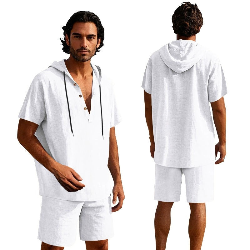 Men’s Summer Linen Hooded Shirt & Shorts Set Lightweight Casual Beachwear Set | CW15