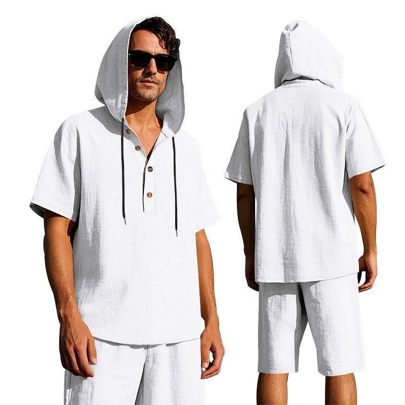 Men’s Summer Linen Hooded Shirt & Shorts Set Lightweight Casual Beachwear Set | CW15