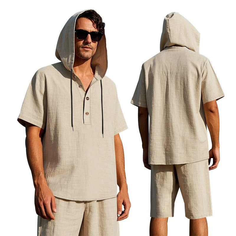 Men’s Summer Linen Hooded Shirt & Shorts Set Lightweight Casual Beachwear Set | CW15