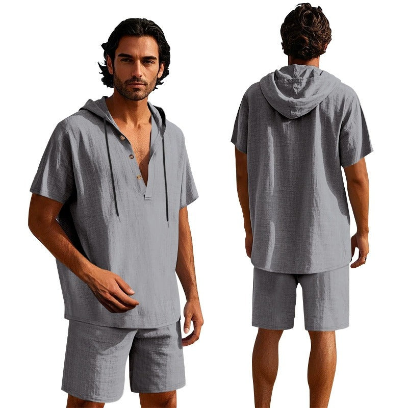 Men’s Summer Linen Hooded Shirt & Shorts Set Lightweight Casual Beachwear Set | CW15