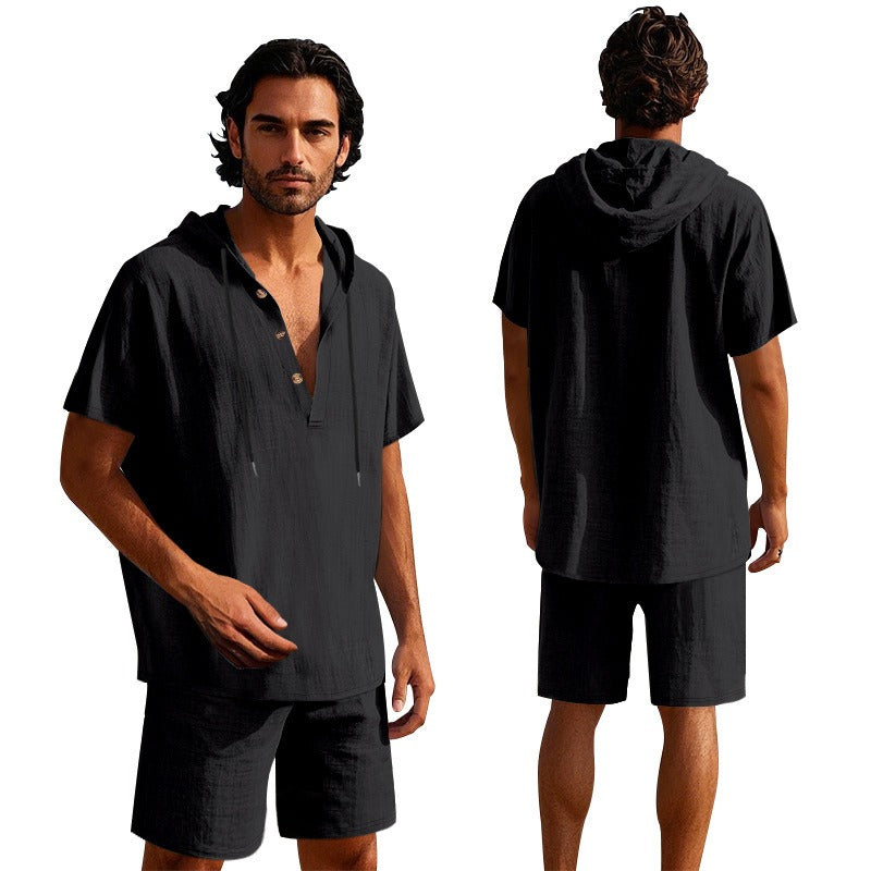Men’s Summer Linen Hooded Shirt & Shorts Set Lightweight Casual Beachwear Set | CW15