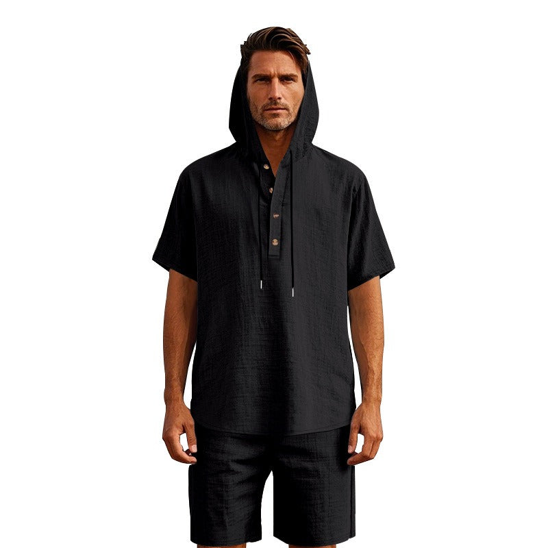Men’s Summer Linen Hooded Shirt & Shorts Set Lightweight Casual Beachwear Set | CW15
