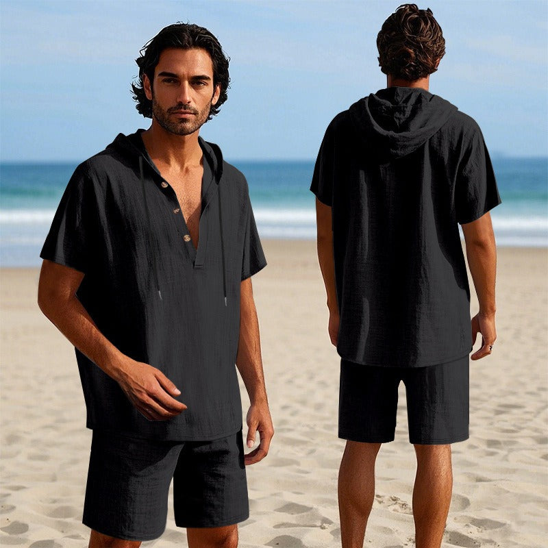 Men’s Summer Linen Hooded Shirt & Shorts Set Lightweight Casual Beachwear Set | CW15