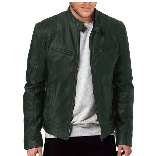 Veste en cuir PU de qualité supérieure avec col montant et coupe ajustée, cardigan chaud à fermeture éclair avec plusieurs poches | PY31