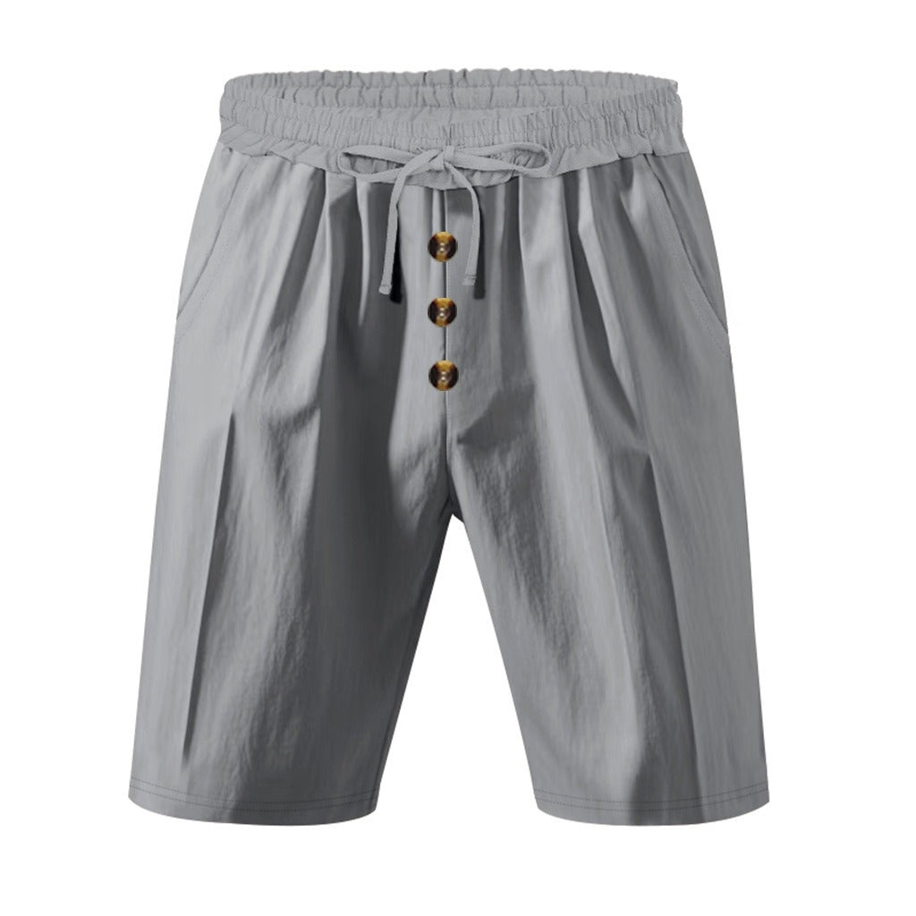 Men’s Linen Beach Shorts Washed Button Fly Relaxed Fit Five-Point Shorts | YH-WW9