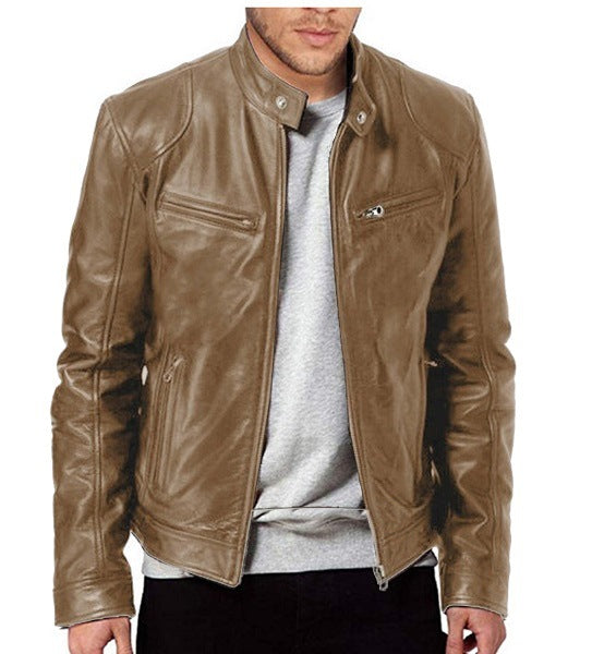 Veste en cuir PU de qualité supérieure avec col montant et coupe ajustée, cardigan chaud à fermeture éclair avec plusieurs poches | PY31