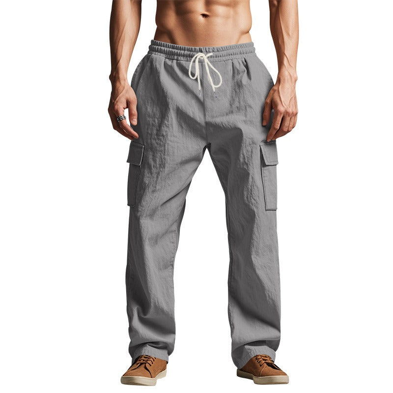 Men’s Four-Season Lightweight Linen Cargo Pants Breathable Multi-Pocket Loose Wide-Leg Trousers | MTGZ-9