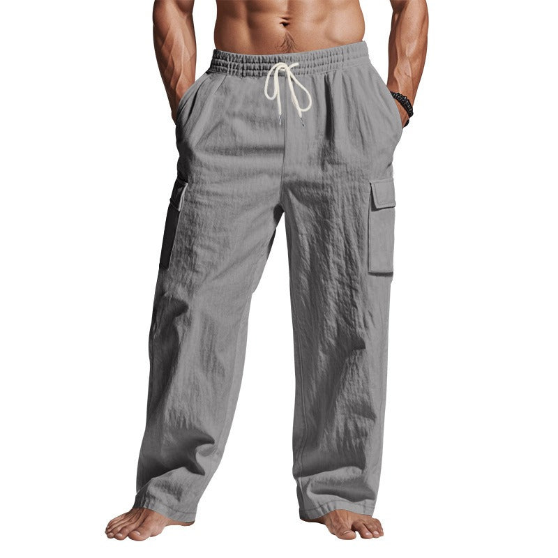 Men’s Four-Season Lightweight Linen Cargo Pants Breathable Multi-Pocket Loose Wide-Leg Trousers | MTGZ-9