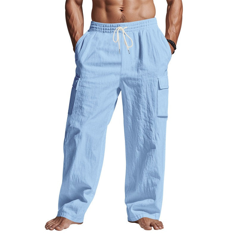 Men’s Four-Season Lightweight Linen Cargo Pants Breathable Multi-Pocket Loose Wide-Leg Trousers | MTGZ-9
