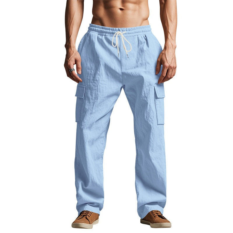 Men’s Four-Season Lightweight Linen Cargo Pants Breathable Multi-Pocket Loose Wide-Leg Trousers | MTGZ-9