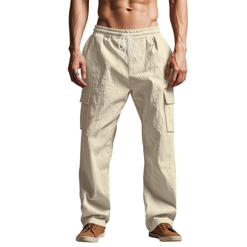 Men’s Four-Season Lightweight Linen Cargo Pants Breathable Multi-Pocket Loose Wide-Leg Trousers | MTGZ-9