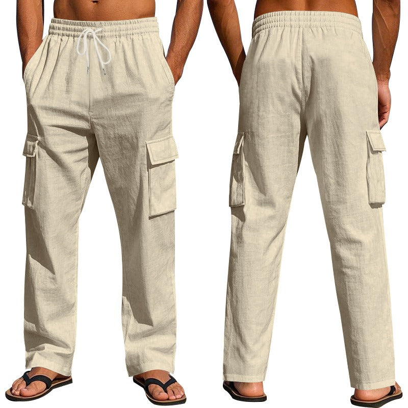 Men’s Four-Season Lightweight Linen Cargo Pants Breathable Multi-Pocket Loose Wide-Leg Trousers | MTGZ-9