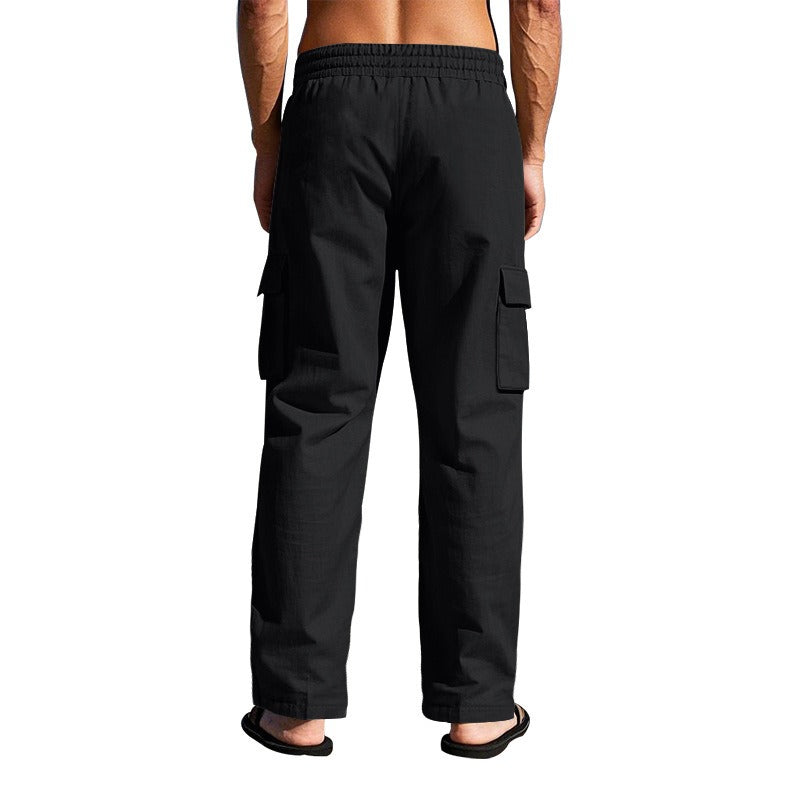 Men’s Four-Season Lightweight Linen Cargo Pants Breathable Multi-Pocket Loose Wide-Leg Trousers | MTGZ-9