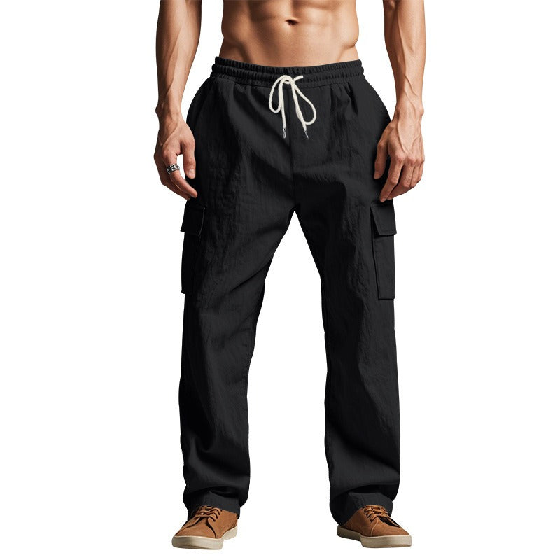 Men’s Four-Season Lightweight Linen Cargo Pants Breathable Multi-Pocket Loose Wide-Leg Trousers | MTGZ-9