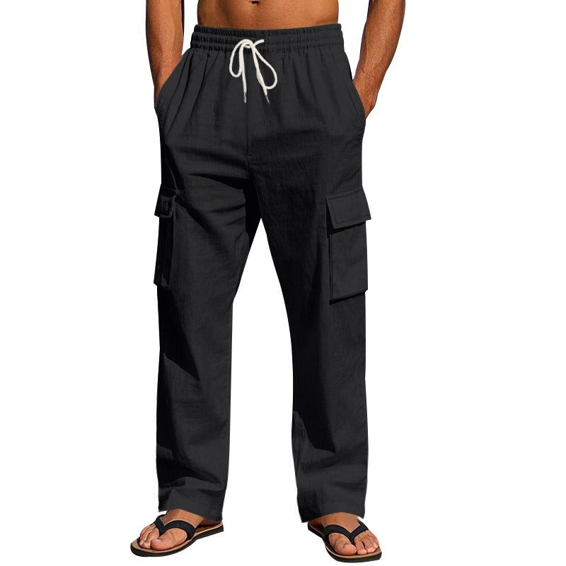 Men’s Four-Season Lightweight Linen Cargo Pants Breathable Multi-Pocket Loose Wide-Leg Trousers | MTGZ-9