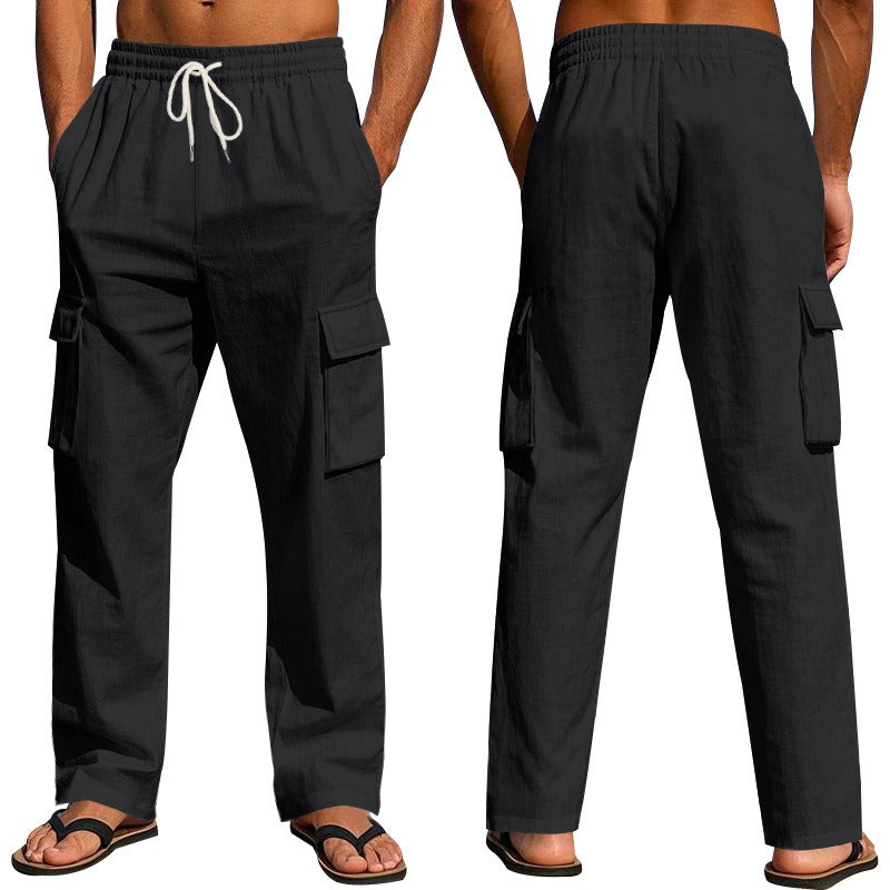 Men’s Four-Season Lightweight Linen Cargo Pants Breathable Multi-Pocket Loose Wide-Leg Trousers | MTGZ-9