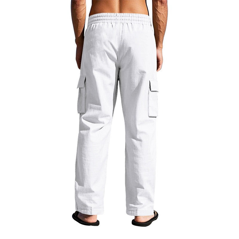 Men’s Four-Season Lightweight Linen Cargo Pants Breathable Multi-Pocket Loose Wide-Leg Trousers | MTGZ-9