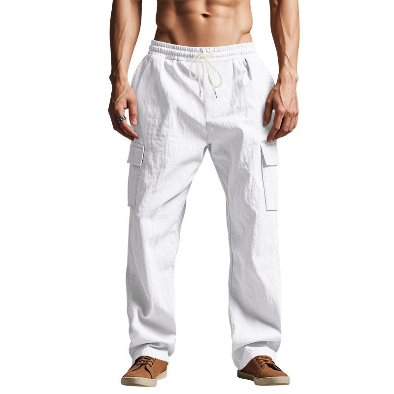 Men’s Four-Season Lightweight Linen Cargo Pants Breathable Multi-Pocket Loose Wide-Leg Trousers | MTGZ-9