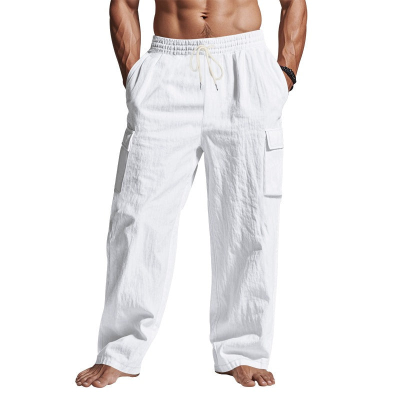 Men’s Four-Season Lightweight Linen Cargo Pants Breathable Multi-Pocket Loose Wide-Leg Trousers | MTGZ-9