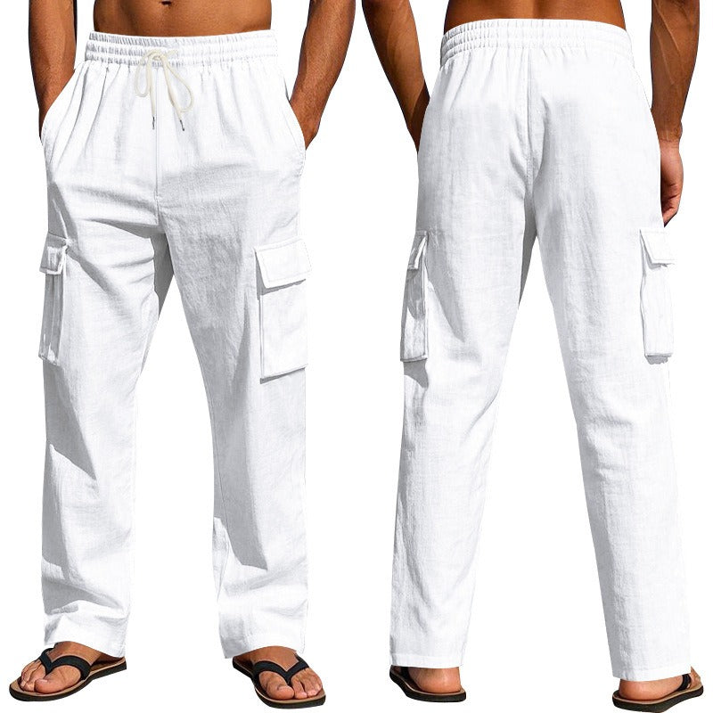 Men’s Four-Season Lightweight Linen Cargo Pants Breathable Multi-Pocket Loose Wide-Leg Trousers | MTGZ-9