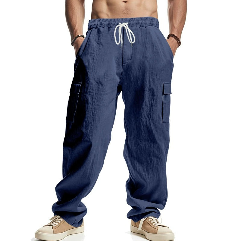 Men’s Four-Season Lightweight Linen Cargo Pants Breathable Multi-Pocket Loose Wide-Leg Trousers | MTGZ-9