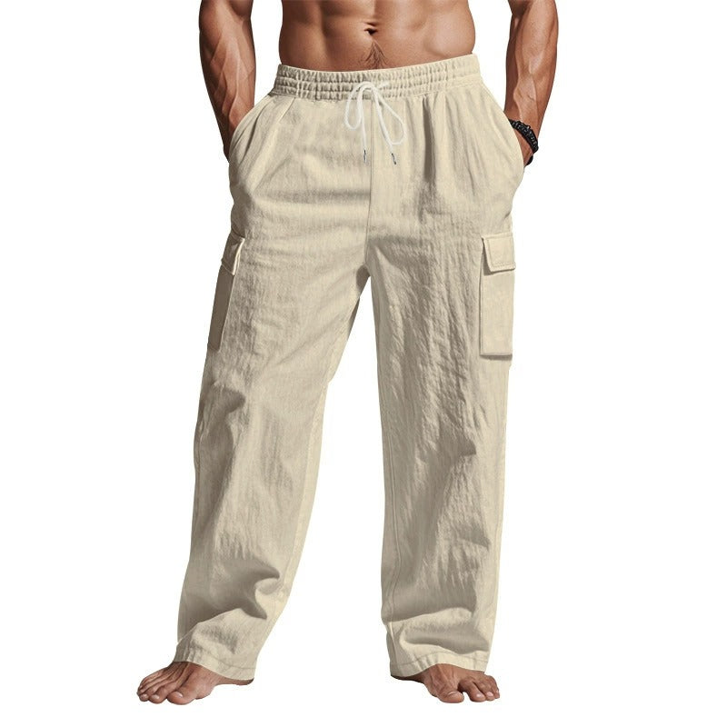 Men’s Four-Season Lightweight Linen Cargo Pants Breathable Multi-Pocket Loose Wide-Leg Trousers | MTGZ-9