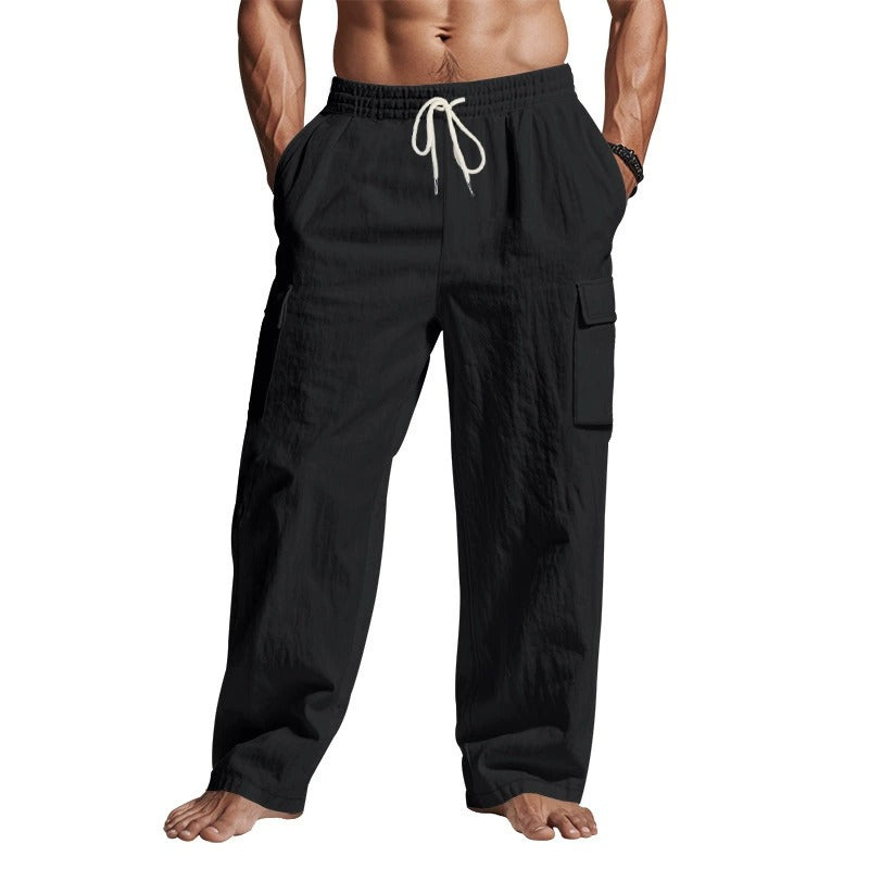 Men’s Four-Season Lightweight Linen Cargo Pants Breathable Multi-Pocket Loose Wide-Leg Trousers | MTGZ-9