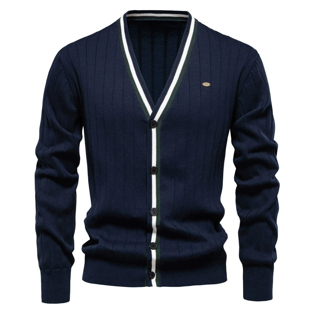 Men’s V-Neck Color-Trim Knit Cardigan – Casual Loose-Fit Buttoned Sweater for Autumn | SW199