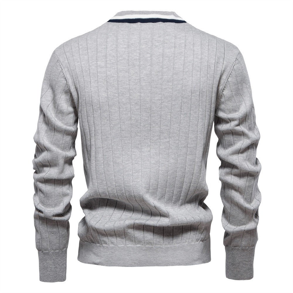 Men’s V-Neck Color-Trim Knit Cardigan – Casual Loose-Fit Buttoned Sweater for Autumn | SW199