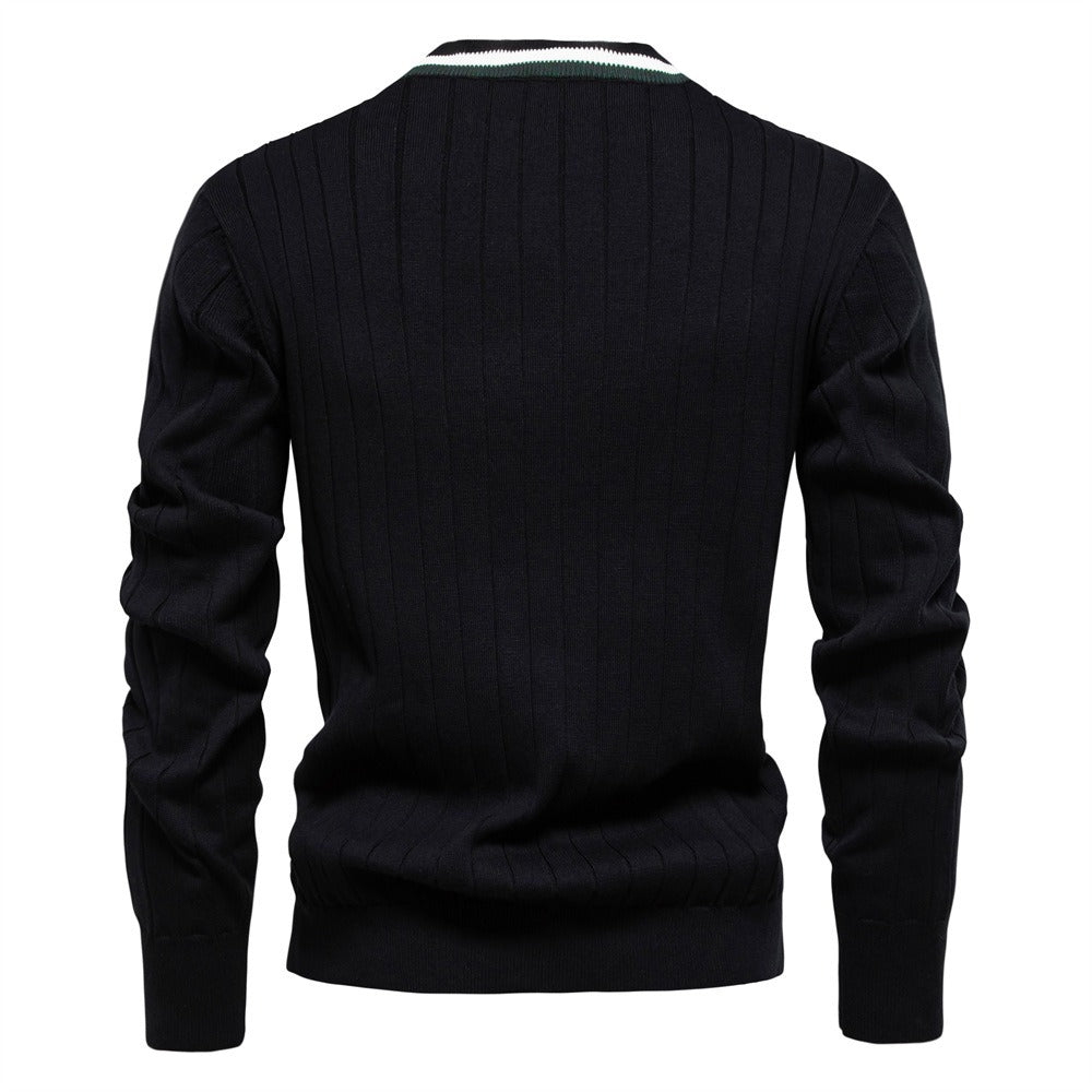 Men’s V-Neck Color-Trim Knit Cardigan – Casual Loose-Fit Buttoned Sweater for Autumn | SW199