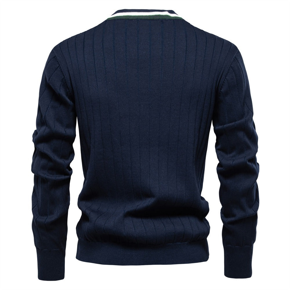 Men’s V-Neck Color-Trim Knit Cardigan – Casual Loose-Fit Buttoned Sweater for Autumn | SW199